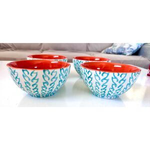 BAUM TANGIER 4- Soup Bowls Turqoise Orange Stoneware Dinnerware Discontinued